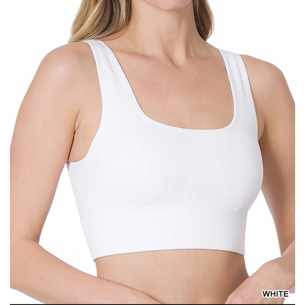 Zenana Ribbed Square Neck Cropped Tank Top with‎ Bra Pads White L/XL